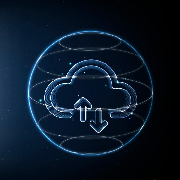 Vetor grátis ícone de tecnologia de rede em nuvem em azul em fundo gradiente