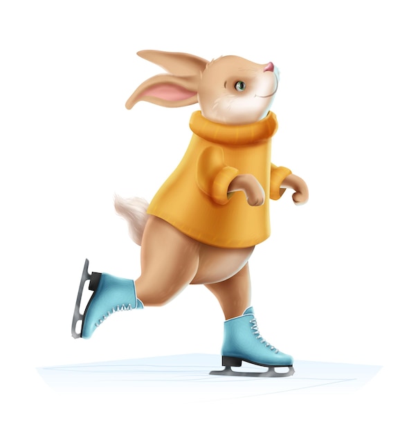 Vetor grátis Ícone de vetor de estilo dos desenhos animados. coelho bonito na camisola em scates de gelo.