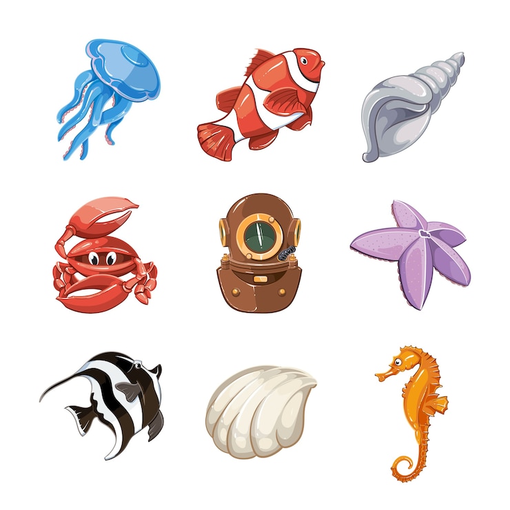 Vetor grátis ícone de vetor marinho definido em estilo cartoon. ilustração de vida natural, vida selvagem subaquática, peixes do mar ou oceano