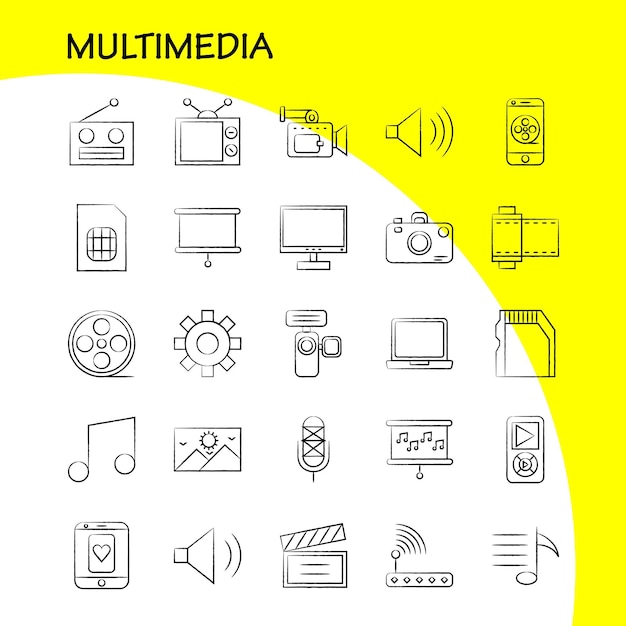 Vetor grátis Ícone desenhado à mão multimídia para impressão na web e kit uxui móvel, como ferramenta de ajuste de manutenção de engrenagem, alto-falante, hardware de computador, pacote de pictogramas