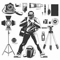 Vetor grátis Ícone do fotógrafo vintage preto com elementos de homem e equipamentos para o trabalho