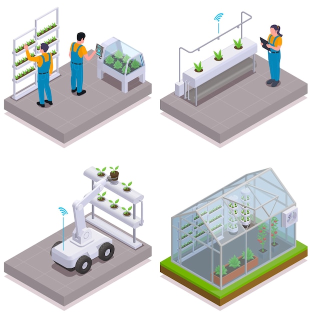 Ícone isométrico moderno com efeito de estufa definido aspersores inteligentes para robô de mudas para trabalhar com plantas e efeito de estufa com ilustração de controle de clima