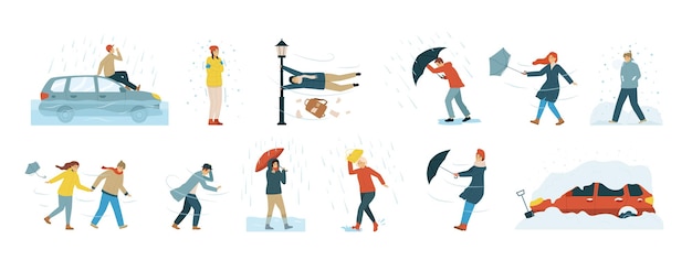 Ícone plano isolado de pessoas com mau tempo definido com vento forte, neve e chuva fora da ilustração vetorial