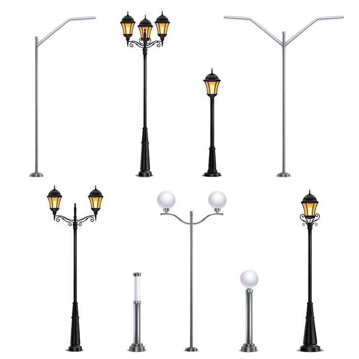 Vetor grátis ícone realista de luzes de rua em fundo branco em estilos diferentes para a ilustração da cidade
