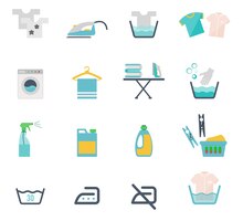 Ícones coloridos de lavagem e símbolos de lavanderia em estilo simples