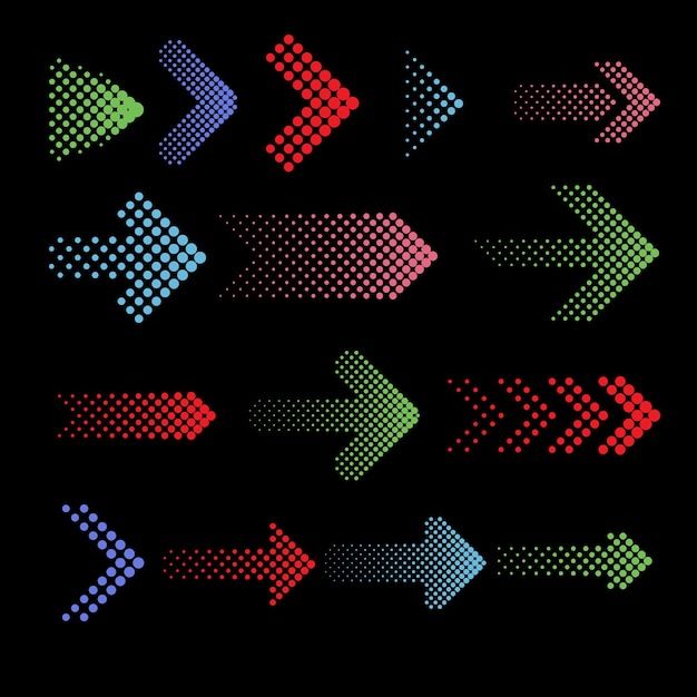 Ícones coloridos de setas pontilhadas com efeito de meio-tom.