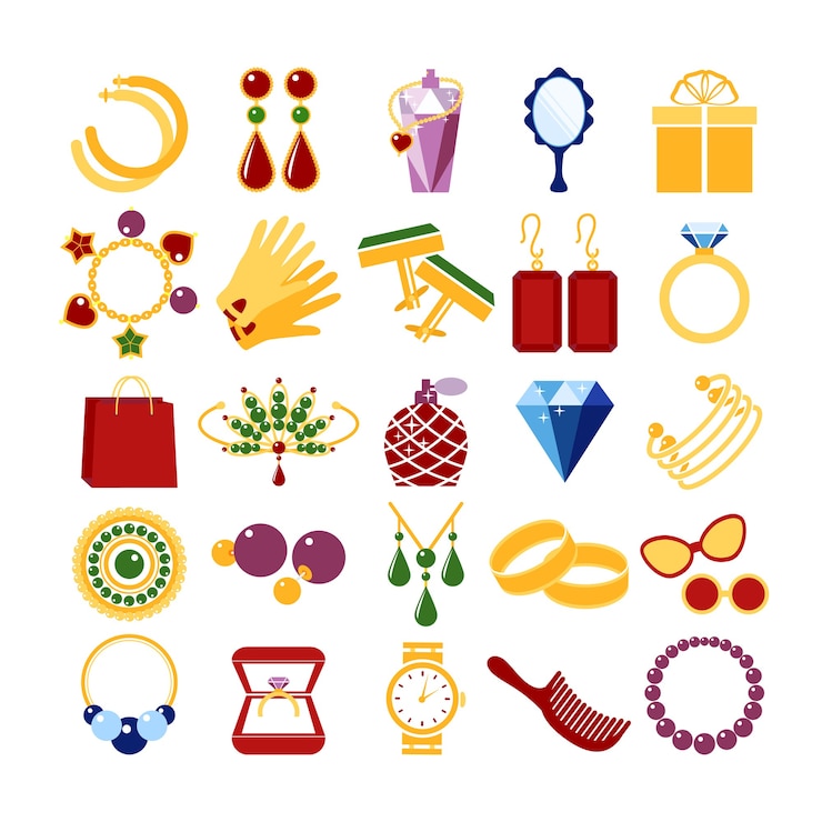 Vetor grátis ícones da moda de luxo. pedras preciosas e pulseira, broche e bugiganga, esmeralda e luva, ilustração vetorial