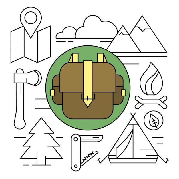 Ícones de acampamento e caminhadas estilo linear