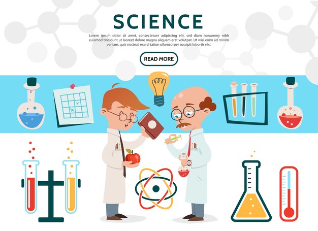 Ícones de ciência plana definidos com cientistas em tubos de laboratório, garrafas, termômetro de bulbo