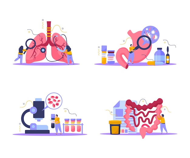 Ícones de conceito de exame de saúde definidos com ilustração plana isolada de símbolos de exame corporal