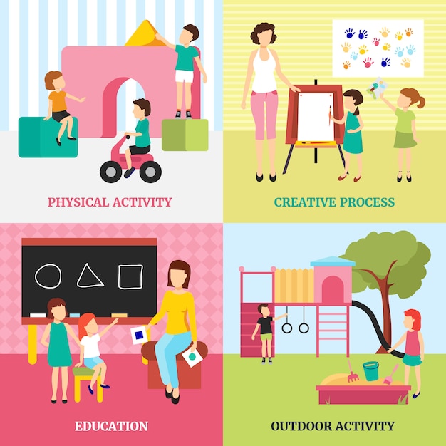 Ícones de conceito de jardim de infância com atividades ao ar livre e símbolos de educação planas