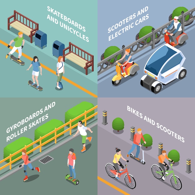 Ícones de conceito de transporte ecológico conjunto com bicicleta e scooter isométrico isolado