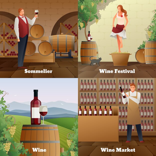 Ícones de conceito gradiente de produção de vinho definidos ilustração plana isolada