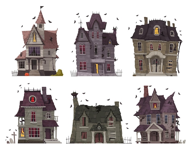 Ícones de desenhos animados de casas de terror com edifícios assustadores isolados ilustração vetorial