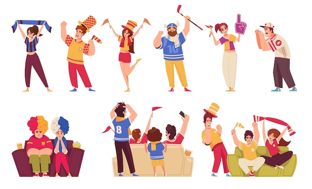 Vetor grátis Ícones de desenhos animados de fãs de esportes com pessoas felizes comemorando a vitória da equipe ilustração vetorial isolada