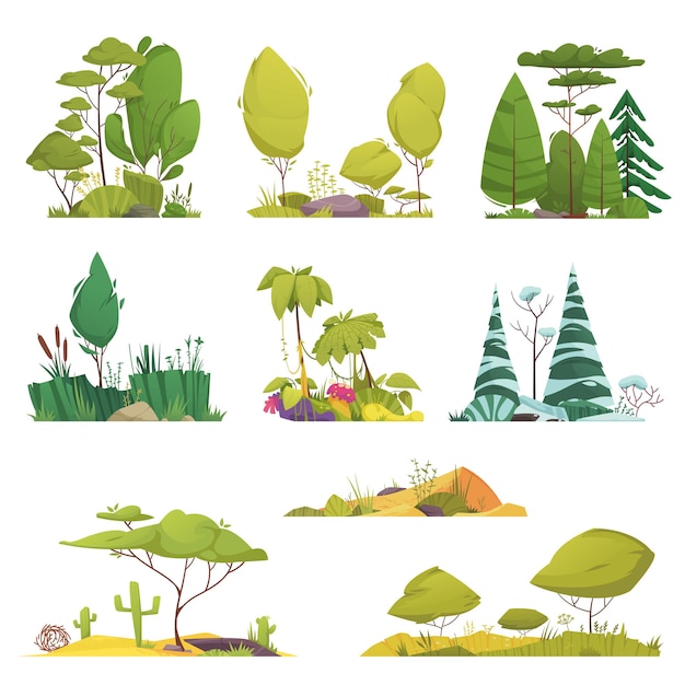 Ícones de desenhos animados de tipos de ecossistema definidos com diferentes árvores e sistemas de flora isolados ilustração vetorial