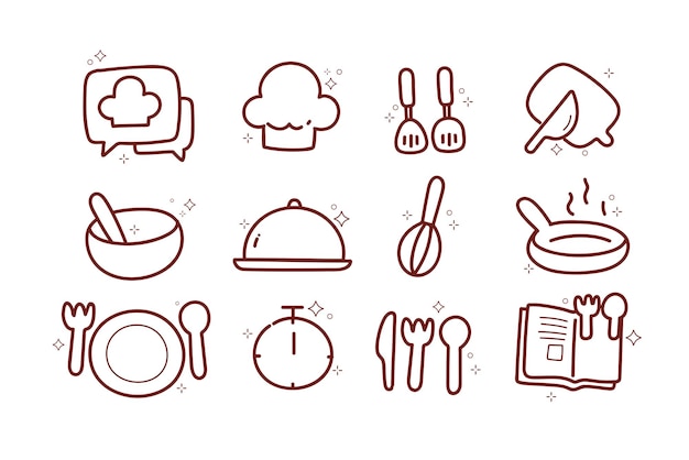Ícones de doodle de cozinha, utensílios de cozinha, logotipo de restaurante de comida