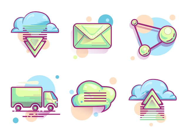 Vetor grátis Ícones de e-mail na nuvem, pictogramas de cores modernas