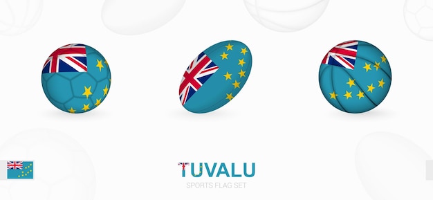 Ícones de esportes para futebol, rugby e basquete com a bandeira de tuvalu. Vetor Premium