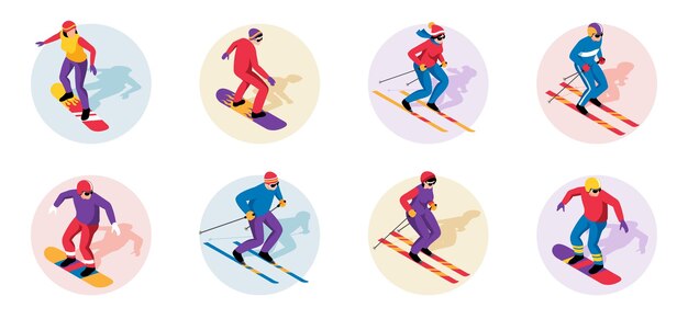 Ícones de estância de esqui isométricos definidos com esportistas praticando esportes radicais ilustração vetorial isolada