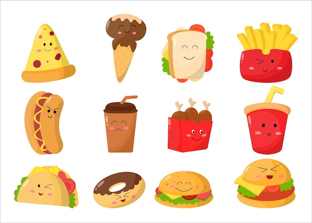 Ícones de fast food hambúrguer de batatas fritas sanduíche de frango frito sorvete pizza menu de comida ilustração vetorial plana