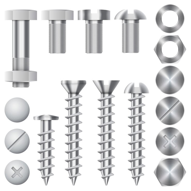 Vetor grátis ícones de hardware de construção. parafusos, parafusos, porcas e rebites. equipamento inoxidável, engrenagem de correção de metal, ilustração vetorial
