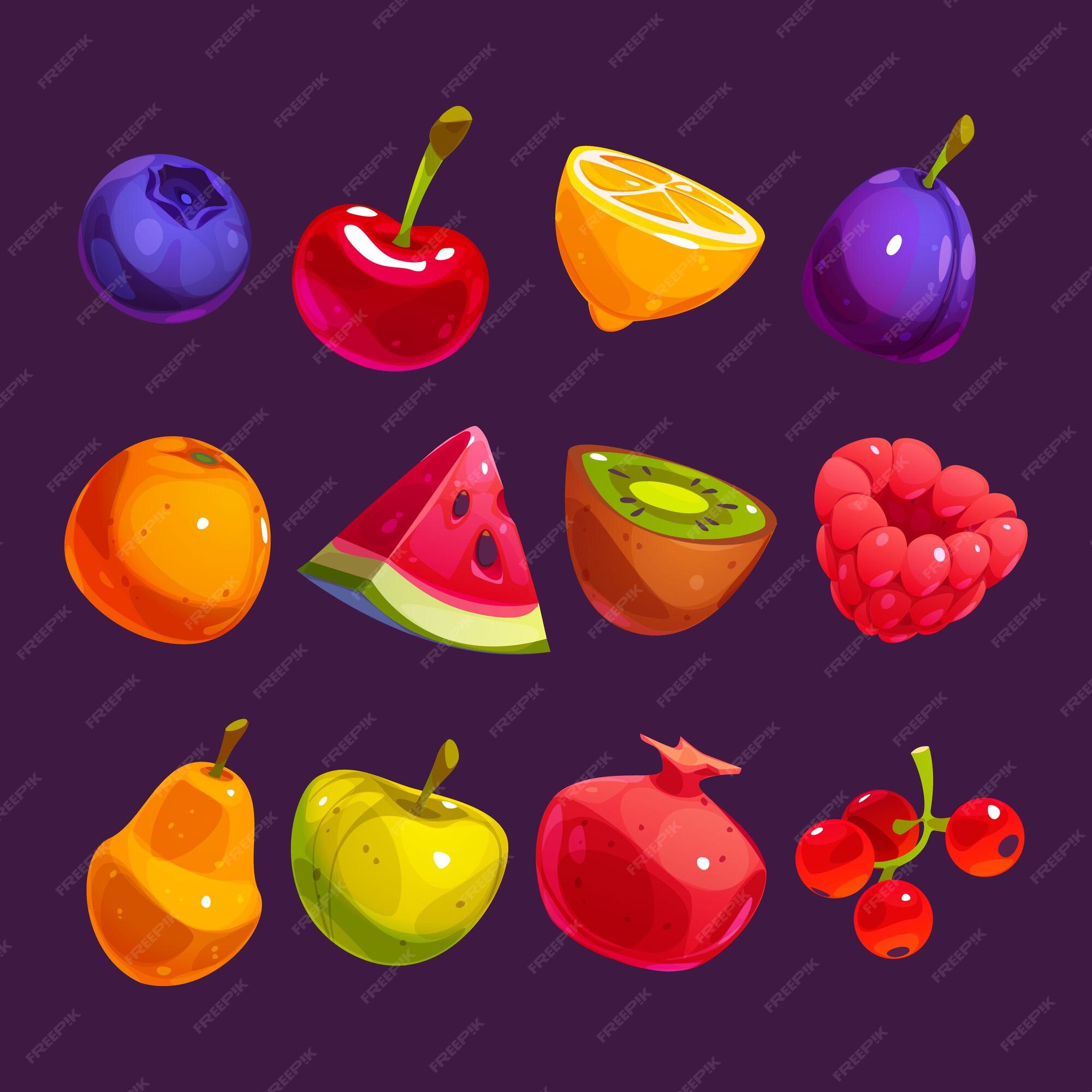 Fruta de jogo móvel ui isolada com ilustração de listras brancas para  caça-níqueis maçã laranja melancia e quebra-cabeça de uvas conjunto  brilhante com coleção de interface de aplicativo png de listras verticais