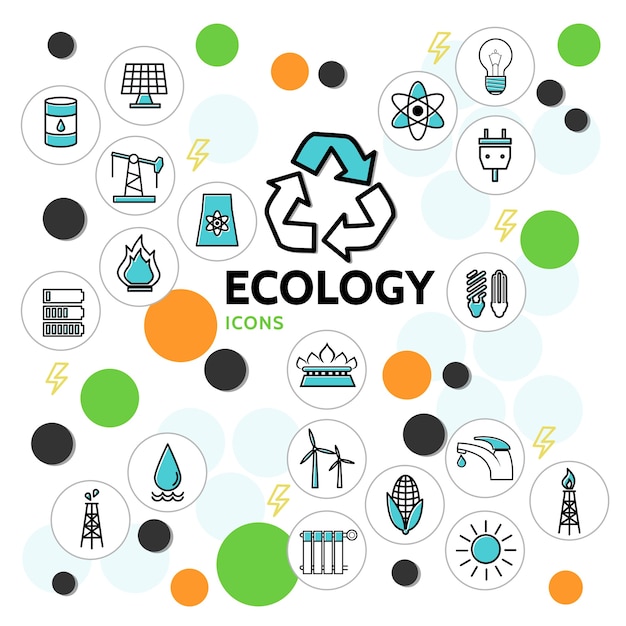 Ícones de linha de ecologia definidos com barril de petróleo, painel solar, lâmpada elétrica, soquete, bateria, torneira, perfuração, moinho, lixo