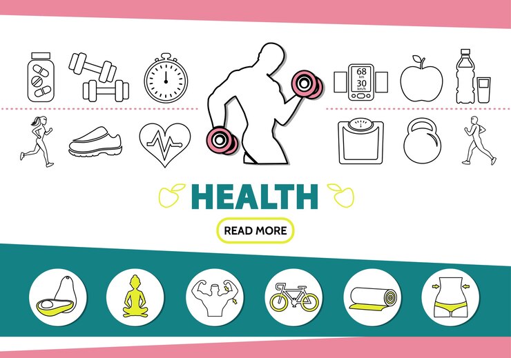 Vetor grátis ícones de linha de estilo de vida saudável com homem forte vitaminas esporte equipamentos escala móvel frutas ioga