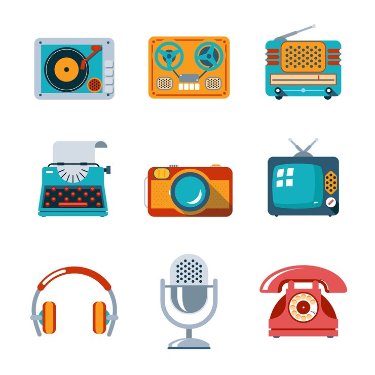 Vetor grátis ícones de mídia retrô em estilo simples. tv e microfone, fones de ouvido e máquina de escrever e rádio