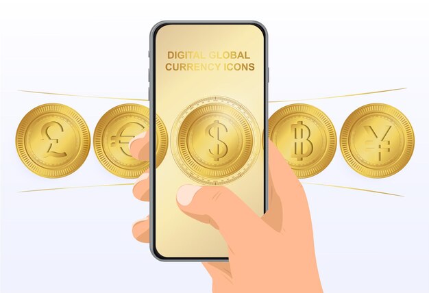 Ícones de moeda global digital telefone na mão com moeda role para selecionar uma moeda em seu telefone
