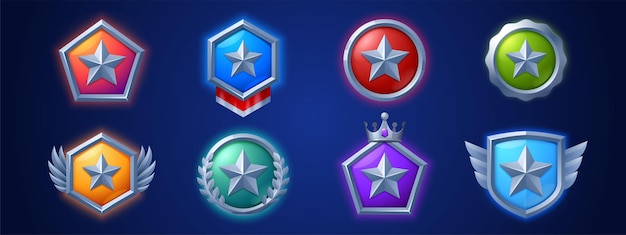 Vetor grátis Ícones de nível de jogo medalhas estrelas emblemas de interface do usuário troféu