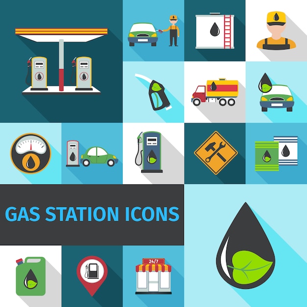 Ícones de posto de gasolina plana