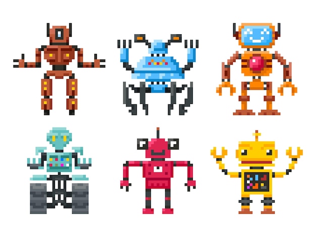 Ícones de robôs de pixel. bots de 8 bits isolados. conjunto de robôs em estilo pixel, robô de cor de ilustração