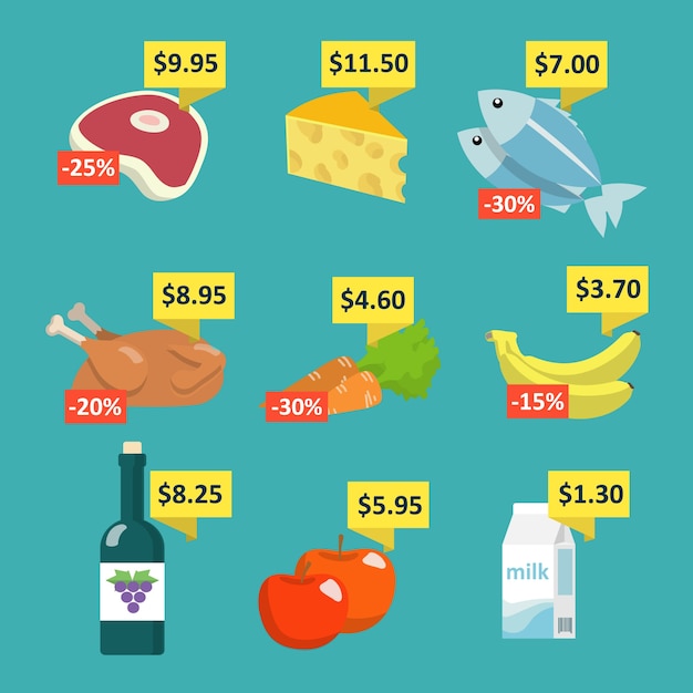 Ícones de seleção de alimentos e bebidas do supermercado, com etiquetas de preço e etiquetas de desconto, ilustração vetorial plana