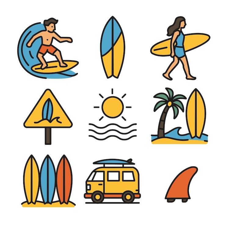 Vetor grátis ícones de surf coloridos com vans de prancha de surf e elementos de praia
