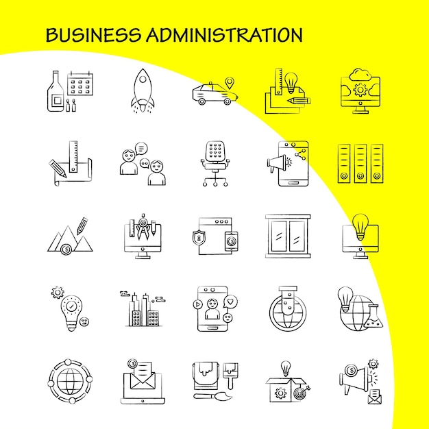 Vetor grátis Ícones desenhados à mão de administração de negócios definidos para kit uxui móvel de infográficos e design de impressão incluem monitor de tela de computador pesquisa avatar engrenagem mecanismo de site eps 10 vetor