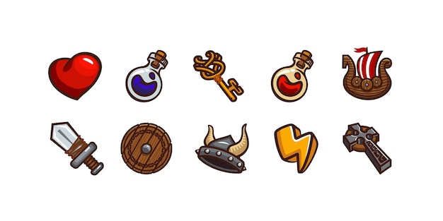 Ícones do jogo com navio de poção de espada de capacete viking