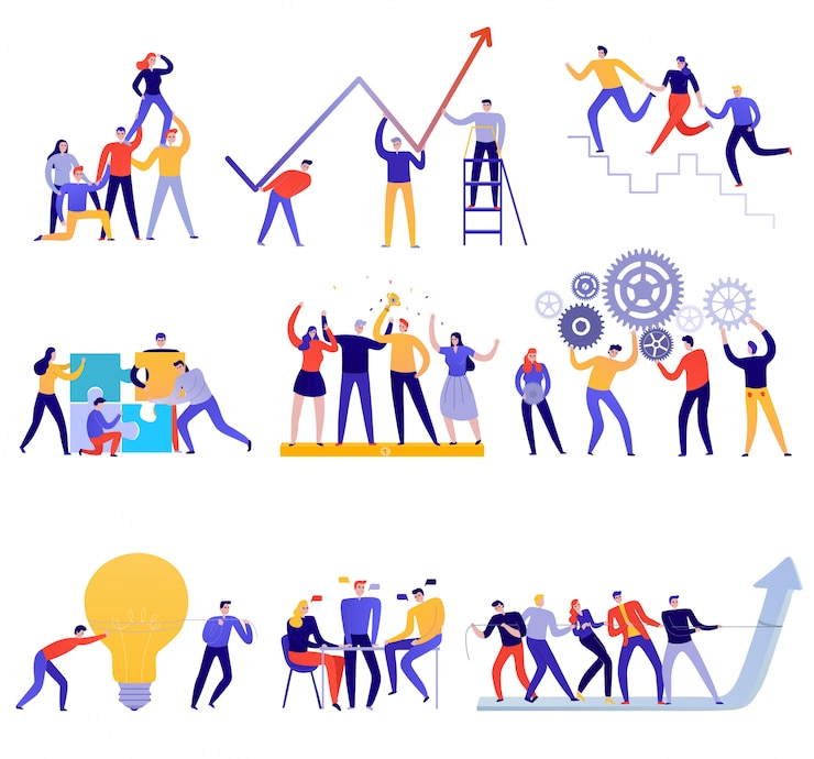 Vetor grátis ícones do trabalho em equipe plano conjunto colorido com pessoas tentando alcançar objetivos juntos, isolado no branco