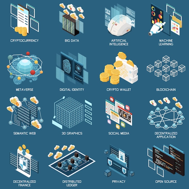 Vetor grátis Ícones isométricos da tecnologia web 3.0 definidos com ilustração vetorial isolada de símbolos de criptomoeda e metaverso