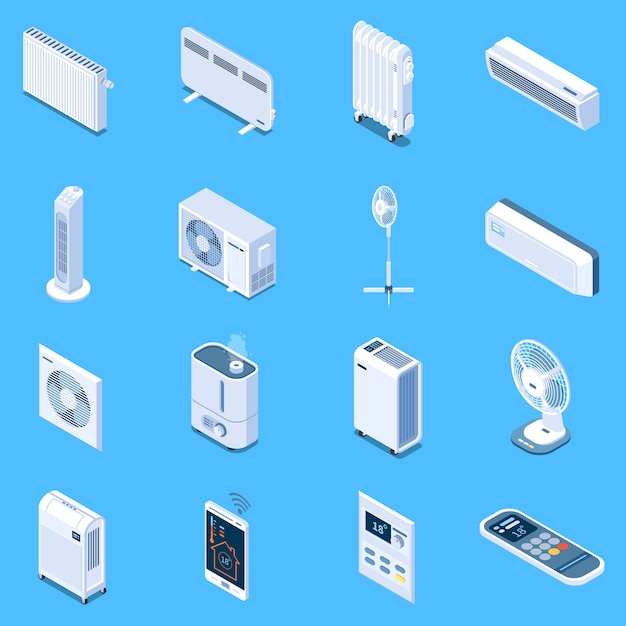 Ícones isométricos de controle climático em casa com mesa de piso e torre ventiladores condicionador de ar cortina de calor elétrico e aquecedores de óleo isolados