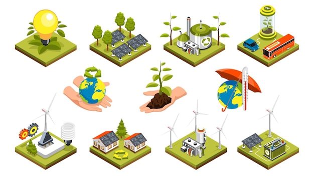 Vetor grátis Ícones isométricos de ecologia definidos no tema do planeta limpo de energia verde e casa ecológica isolada na ilustração vetorial de fundo branco