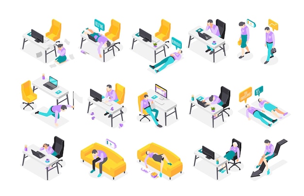 Ícones isométricos de síndrome de burn out recolorir conjunto de ícones isolados com locais de trabalho de escritório de trabalhadores com ilustração vetorial de computadores