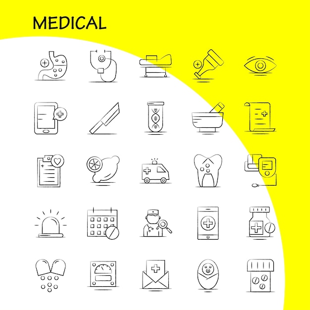 Ícones médicos desenhados à mão definidos para infográficos mobile uxui kit e design de impressão incluem folha médica planta remédio olho bola olho coleção médica infográfico moderno logotipo e vetor de pictograma