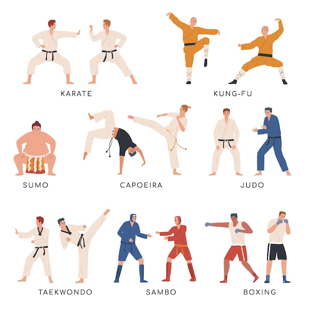 Ícones planos de lutadores definidos com karatê taekwondo e outros desportistas de artes marciais isolados ilustração vetorial