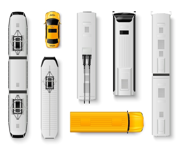 Ícones realistas de visão superior de transporte público definidos com trem de bonde de táxi de ônibus isolado na ilustração vetorial de fundo branco