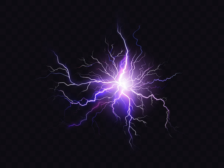 Vetor grátis iluminação roxa de brilho isolada no fundo escuro. descarga elétrica violeta iluminada