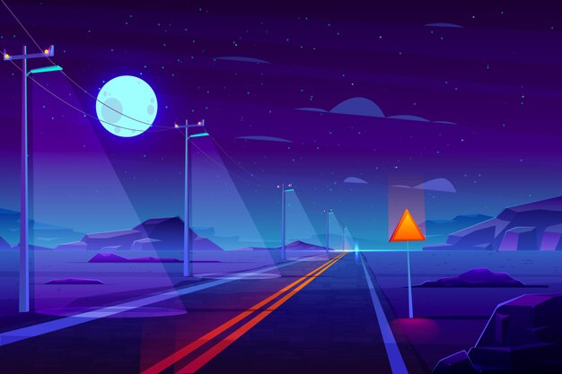 Iluminado à noite, estrada de estrada vazia no deserto dos desenhos animados
