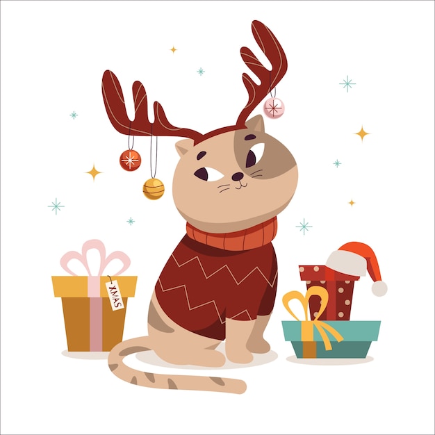 Vetor grátis ilustra??o plana de desenho de gato de natal