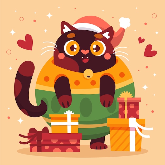 Vetor grátis ilustra??o plana de natal com gato